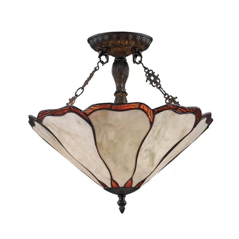 Stained Glass Ceiling Light with LED Light, 2-Lights Cone Semi Flush Mount Lighting Tiffany Style, 14" W