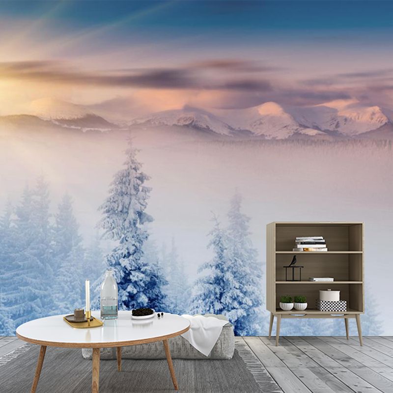 Modern Sunrise Snowy Cypress Mural Non-Woven Moisture Resistant Blue Wall Decor for Bedroom