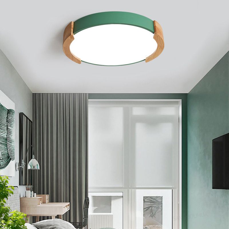 Iron Thin Round Flush Light Nordic Grey/White/Green Ceiling Mounted Fixture with Wood Side Guard for Bedroom
