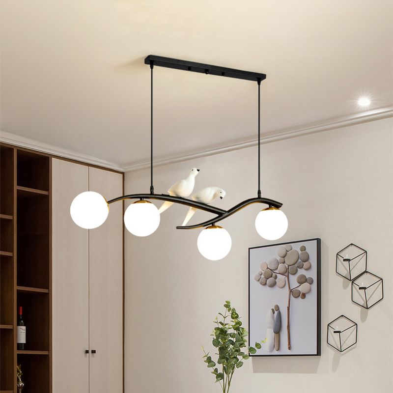 4-lights Branches Glass Orb Island Light Nordic Style Decorative Birds Design Dining Room Lighting Fixture