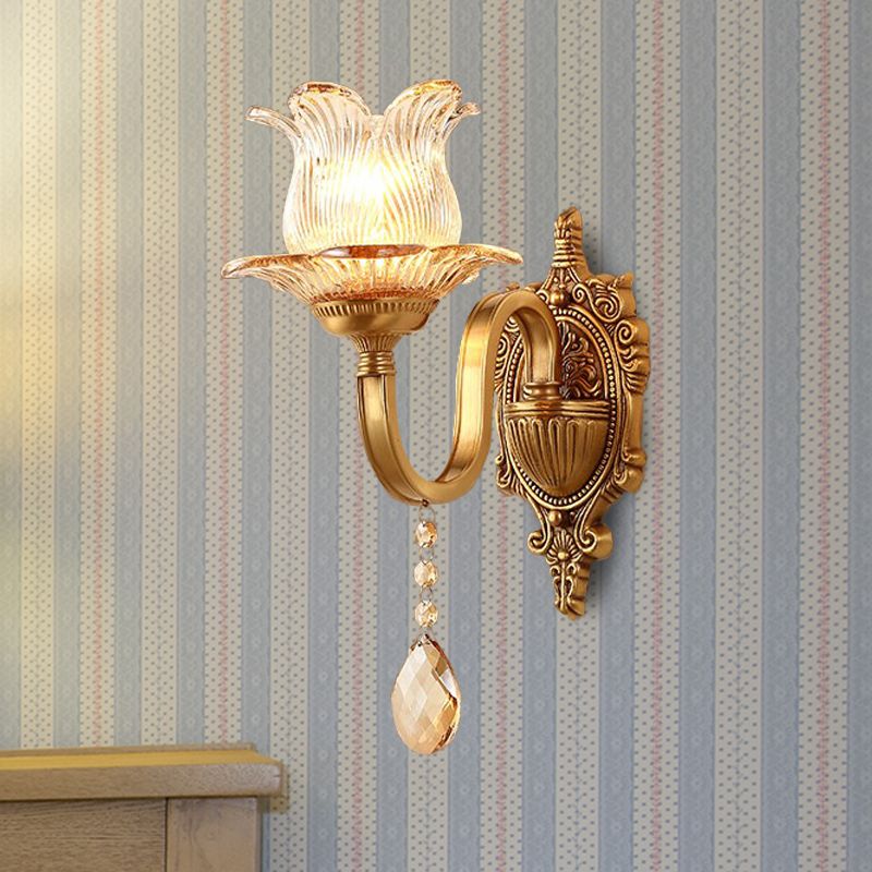 Brass Floral Sconce Light Fixture Vintage Clear Prismatic Glass 1/2 Lights Living Room LED Wall Mounted Lamp