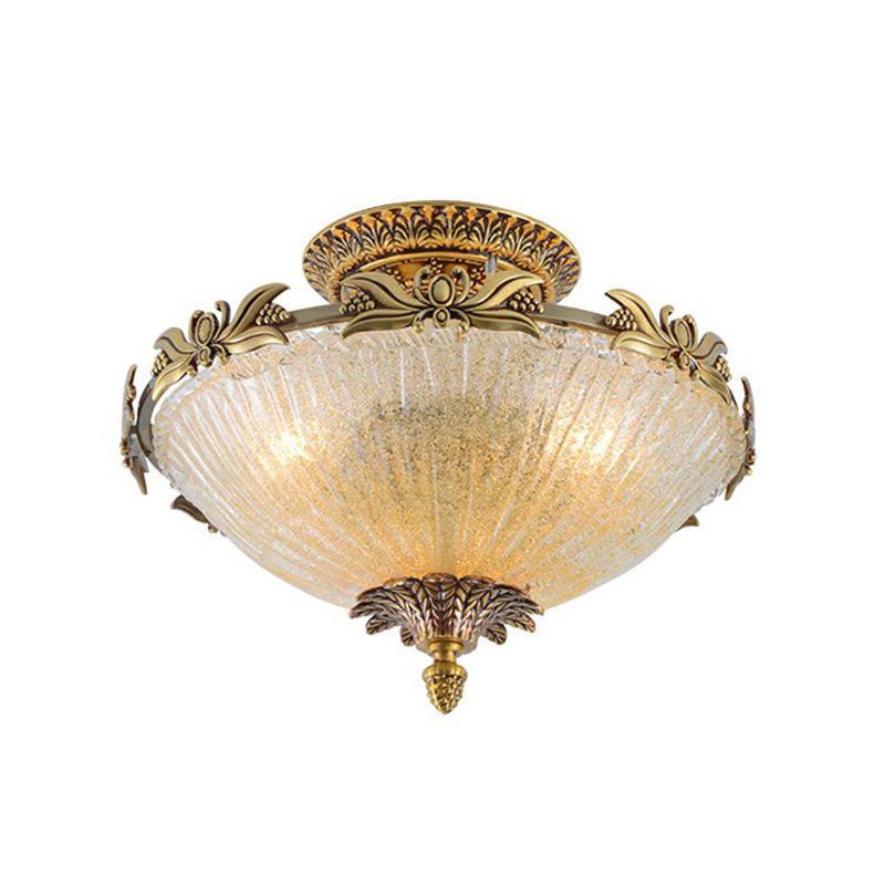 Antiqued Bowl Shaped Flush Light Clear Variegated Glass Semi Mount Lighting in Brass
