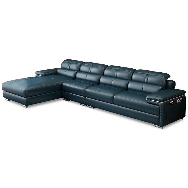 Genuine Leather Sectional 34.65"High Pillow Top Arm Sofa with Storage, Blue