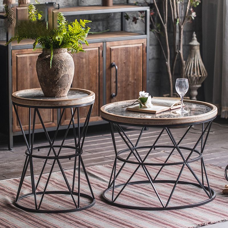 Round Tray Top Side Table Rustic Wood and Metal Side End Snack Table