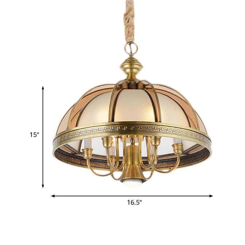 7 Bulbs Bowl Hanging Chandelier Colonial Brass Frosted Glass Ceiling Suspension Lamp for Kitchen, 16.5"/20.5" Wide