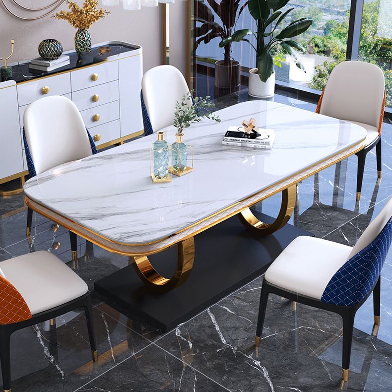 Traditional Luxury Rectangle Dining Table Sintered Stone Table with Gold Trestle Base