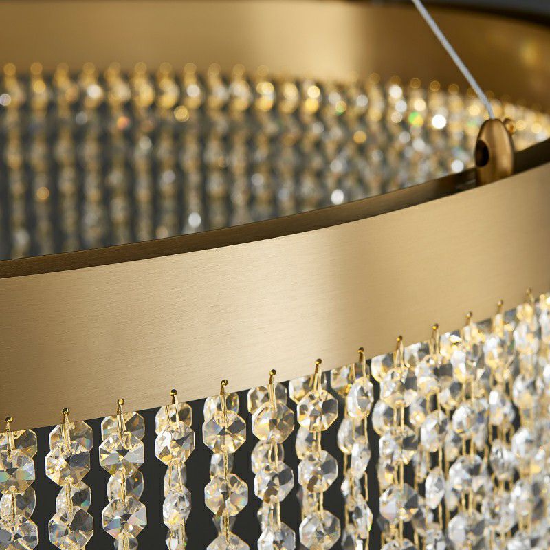 Stainless Steel Ring Shaped Pendant Lamp Postmodern Gold LED Chandelier with Draping Crystals