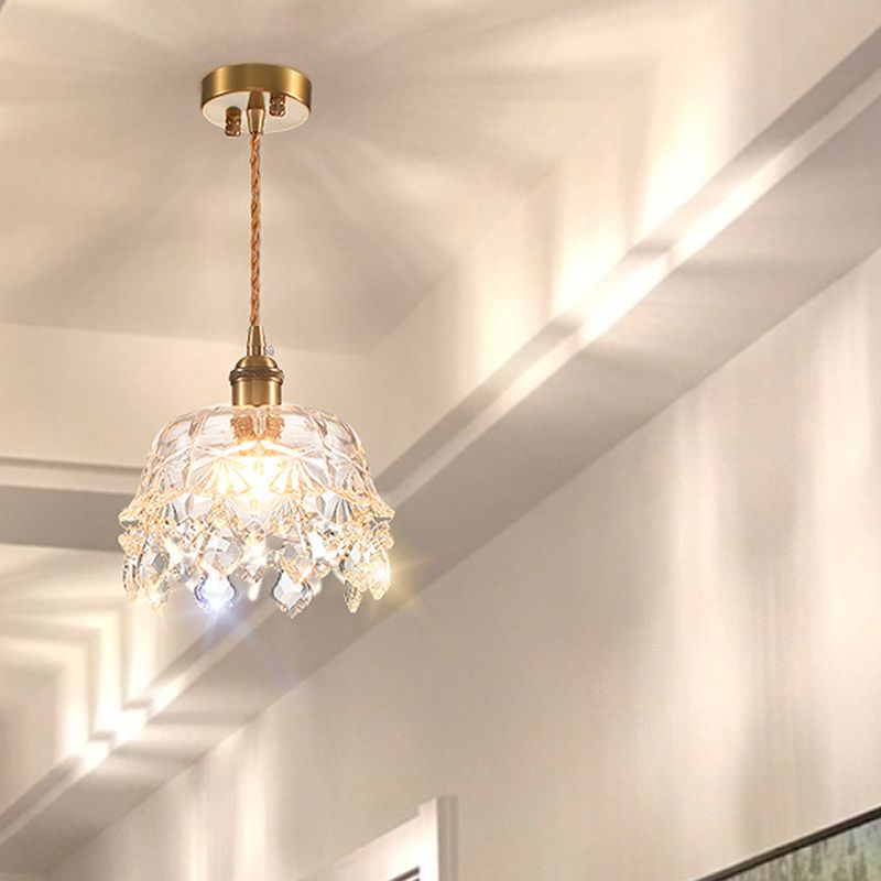 Single-Bulb Suspension Lighting Retro Style Dome Clear Glass Pendant Ceiling Light with Dangling Crystal