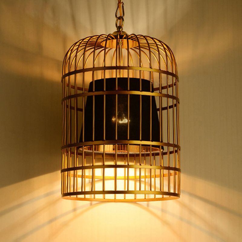 Golden Birdcage Design Metal Suspension Light Fabric Shade Creative Lighting Fixture with 35.5" Adjustable Hanging Chains