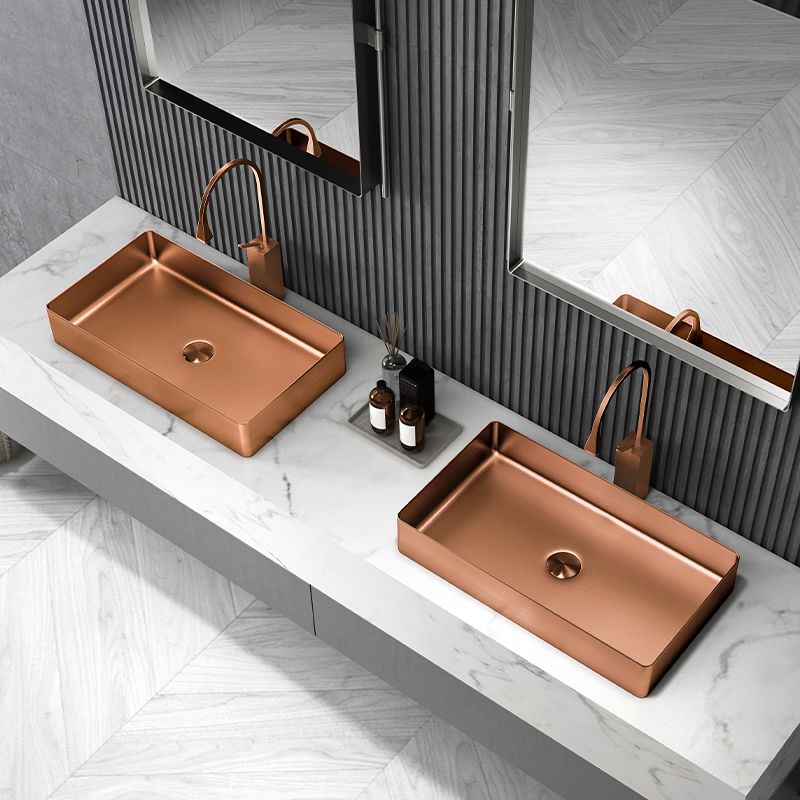 Modern Wash Stand Metal Rectangular with Drain Assembly and Faucet Vessel Bathroom Sink