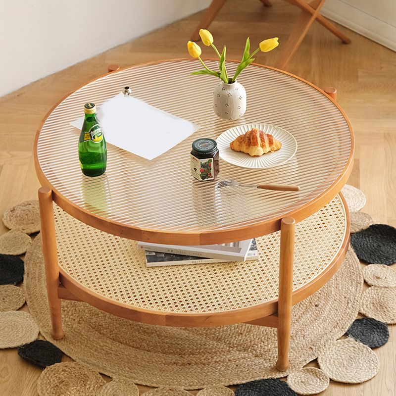 Modern Glass Top Solid Wood 4 Legs Round Double Tier Living Room Side Table