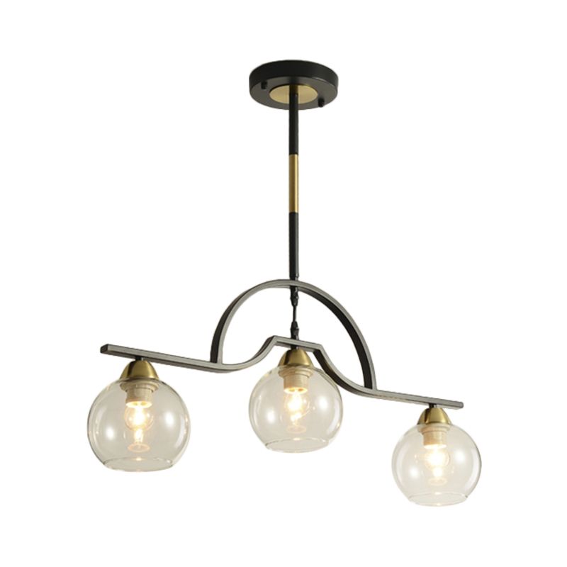 Modern 3 Bulbs Island Light Fixture Black Finish Ball Suspension Pendant Lamp with Cream/Clear Glass Shade