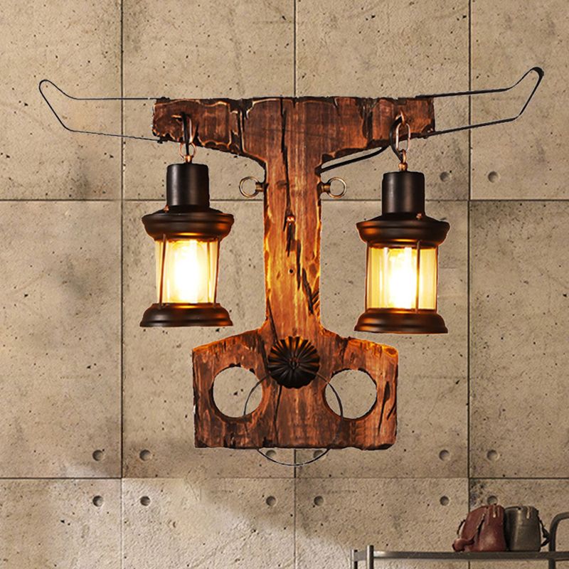 Iluminación de lámpara de pared de 2 luces Lintería de vidrio de estilo rústico de estilo rústico en negro con placa trasera de madera