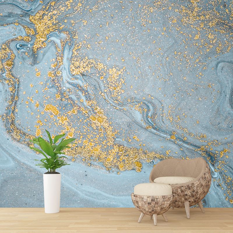 Wave with Shattered Sequins Mural Contemporary Smooth Wall Covering in Blue and Gold