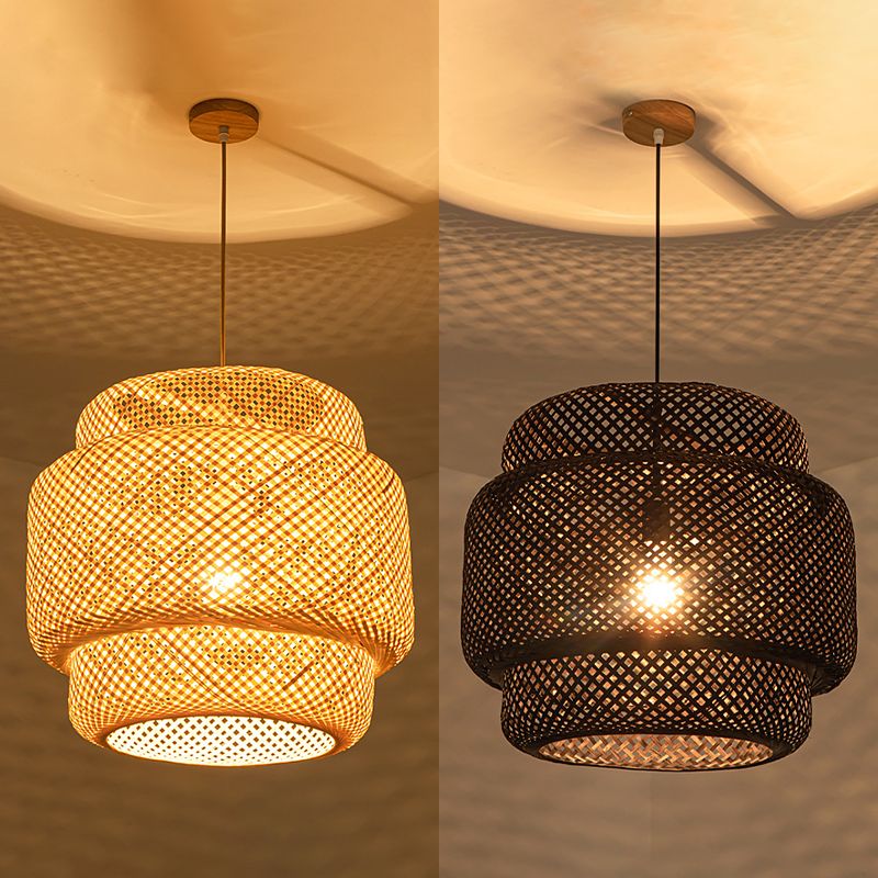 Lantern Bambus Rattan Form Anhänger Hängende Lampe Asien Stil 1 Licht hängende Deckenleuchte für Wohnzimmer