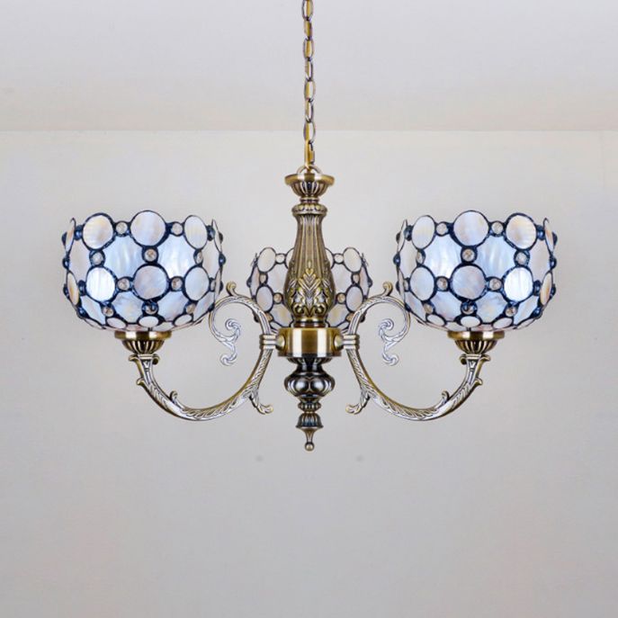 Tiffany Style Bowl Suspension Stained Glass 3 Lights Inverted Chandelier in White for Living Room