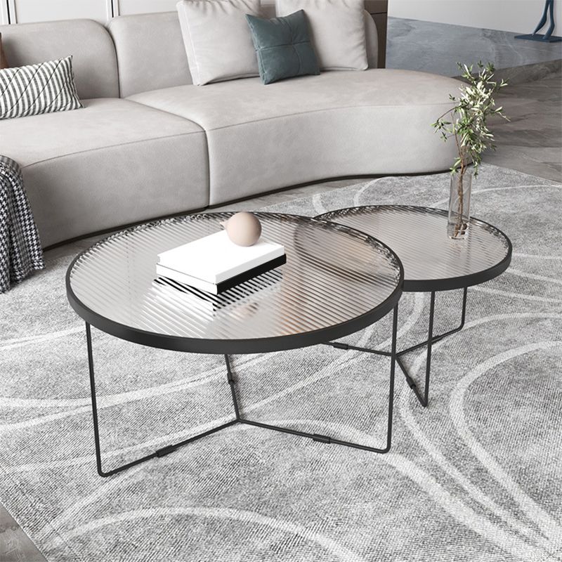 Contemporary Round Glass Top Metal Cross Legs Nesting Coffee Table
