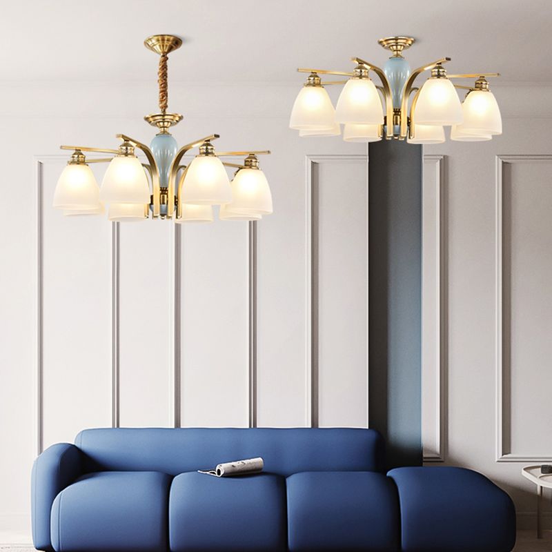 Frosted Glass Brass-Blue Chandelier Bell Shaped Antique Style Hanging Light with Ceramic Deco