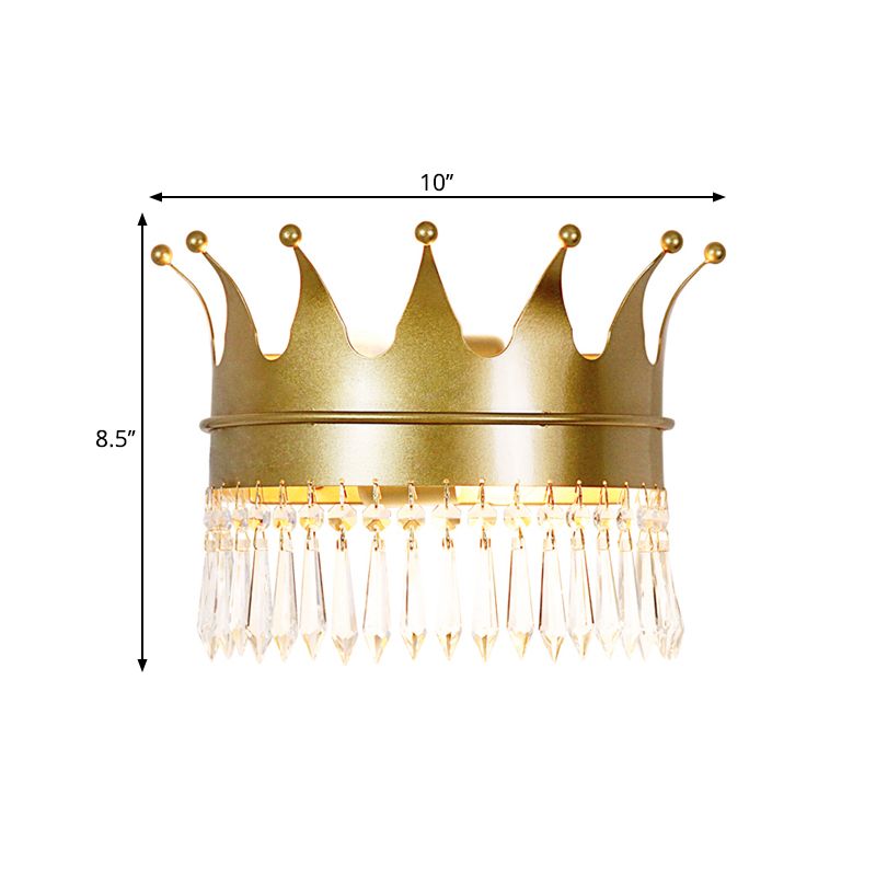Crown Wall Light Sconce Retro Style Metallic 1-Head Parlor Wall Mount Lighting with Dangling Crystal in Gold