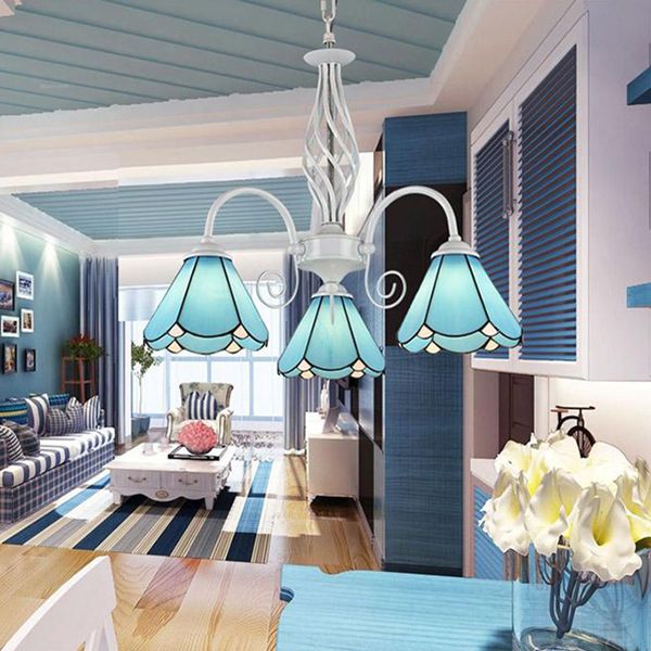 Lumière en lustre en verre bleu avec chaîne suspendue 3 lumières traditionnelles éclairage intérieur pour salle à manger