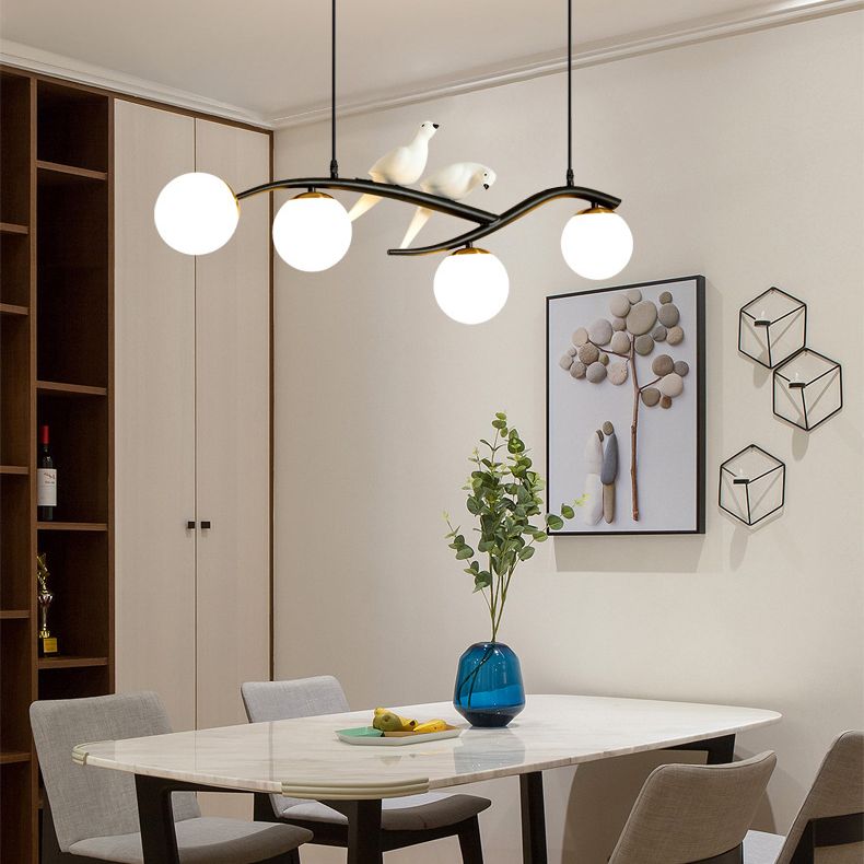 4-lights Branches Glass Orb Island Light Nordic Style Decorative Birds Design Dining Room Lighting Fixture