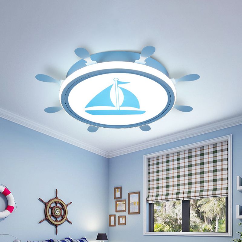 Rudder Flush-Mount Light Fixture Mediterranean Acrylic LED Bedroom Flushmount with Sailboat Pattern in Blue/White, 18"/21.5" W