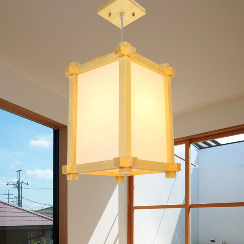 Box Forme Pendant Light Aymator Wood de style japonais 1 Restaurant de bulbe Lampe suspendue en beige
