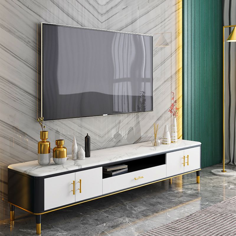 Glam Style TV Stand Stone White Colour Open Storage TV Console with Shelves