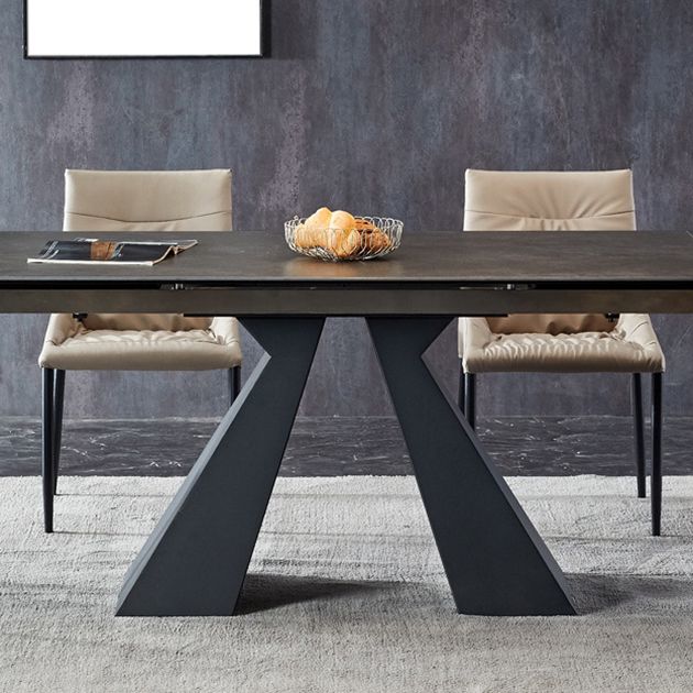 Rectangle Traditional Luxury Dining Table Grey Sintered Stone Table with Black Double Pedestal