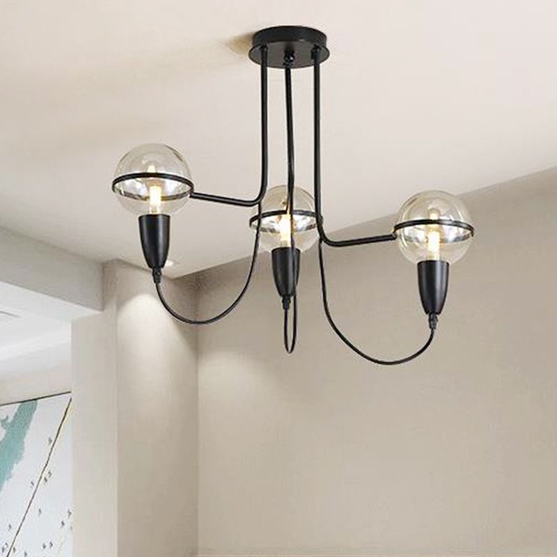 3 Lights Ceiling Lighting Traditional Globe Clear Glass Cluster Pendant in Black for Bedroom