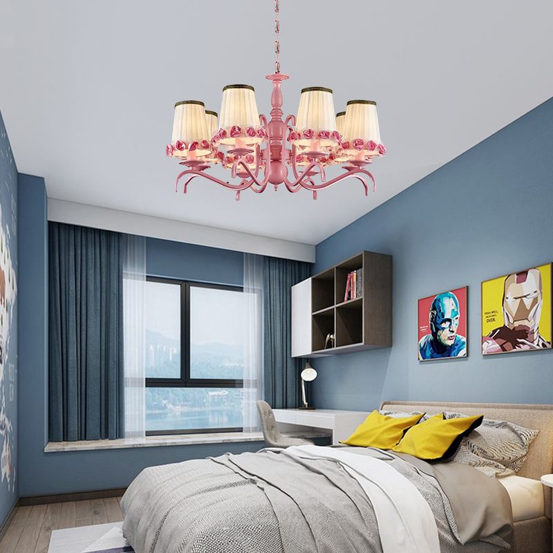 Hotel Fold Tapered Shade Chandelier with Flower Metal 8 Bulbs Modern Pink Hanging Light