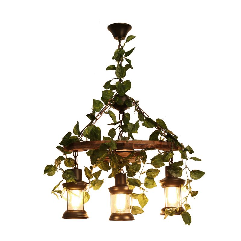 Green Lantern Chandelier Lighting Fixture Industrial Wooden 3/6/8 Heads Restaurant LED Plant Ceiling Light, 21.5"/27"/30" W