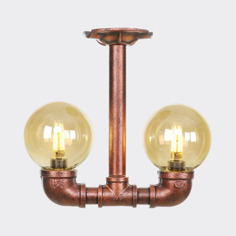 Orb Restaurant Semi Flush Light Fixture Rustic Amber Glass 2 Lights Copper Flush Lamp