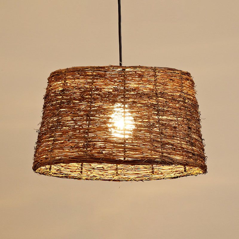 Brown Geometry Suspension Lamp Rustic Single Rattan Hanging Pendant Light for Living Room