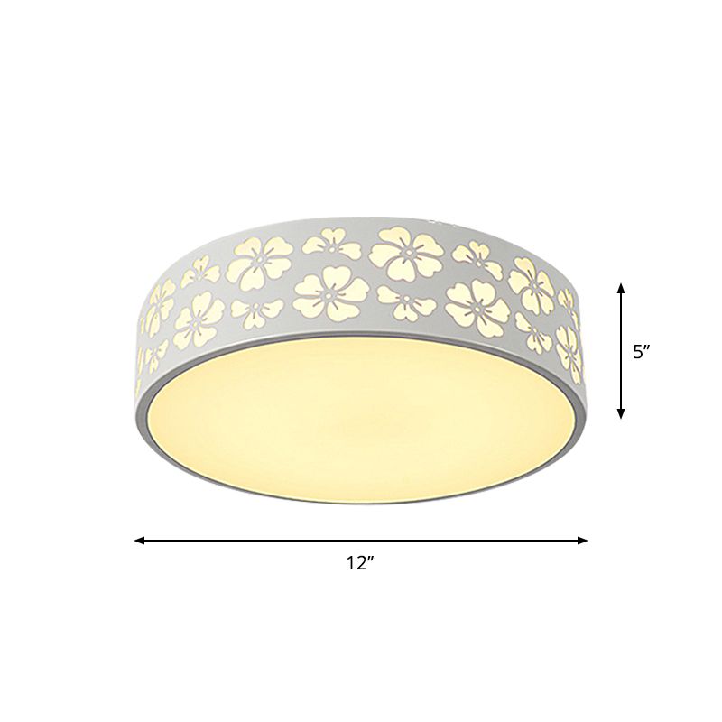 Iron Carved Drum Ceiling Lighting Modernist White LED Flush-Mount Light Fixture with Recessed Diffuser, 12"/16"/19.5" Dia