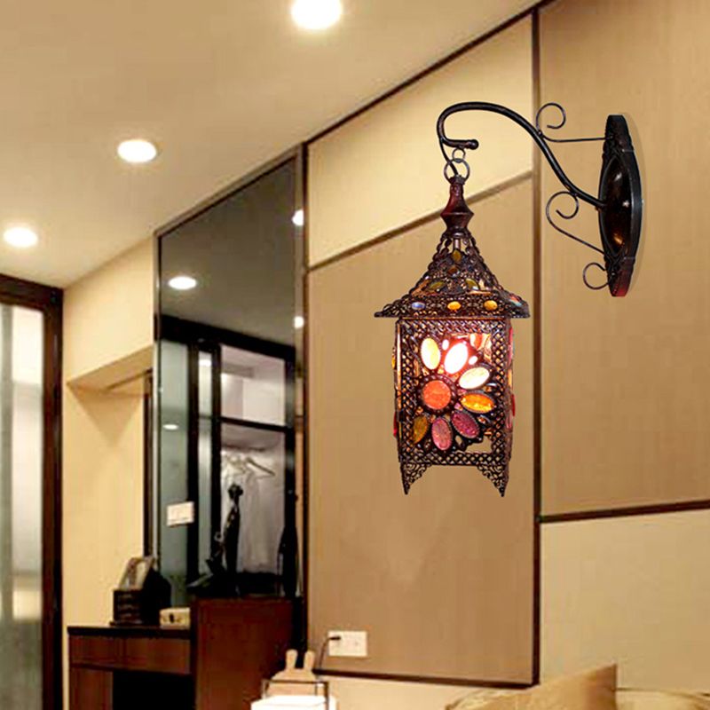 Lantern Bedroom Sconce Wall Light Bohemian Metal 1 Bulb Brass/Black Wall Lighting Fixture