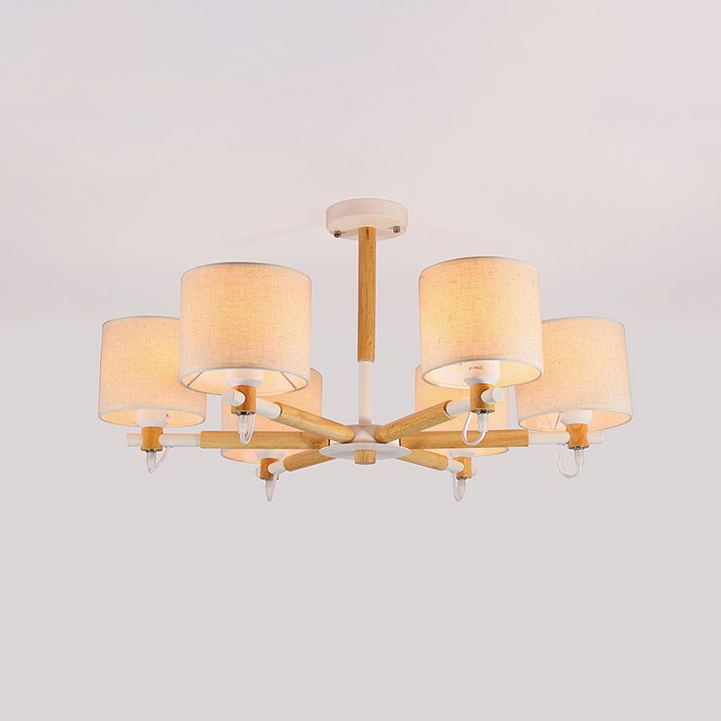 6 Heads Living Room Semi Flush Chandelier Nordic Wooden Ceiling Mount Light with Cylinder Fabric Shade