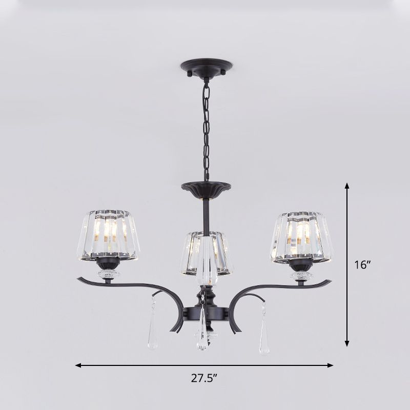 Crystal Block Cone Chandelier Modernism 3/6-Bulb Bedroom Ceiling Suspension Lamp in Black