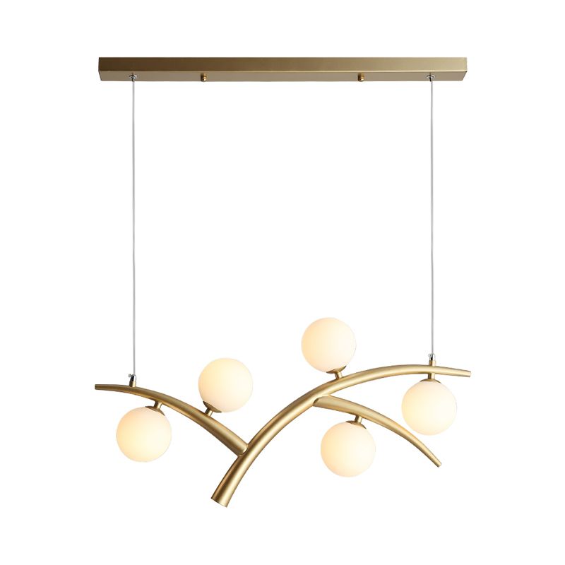 Vertakking ijzer kroonluchter eigentijdse 5 lichten gouden hanglamp lampje met orb witte glazen schaduw