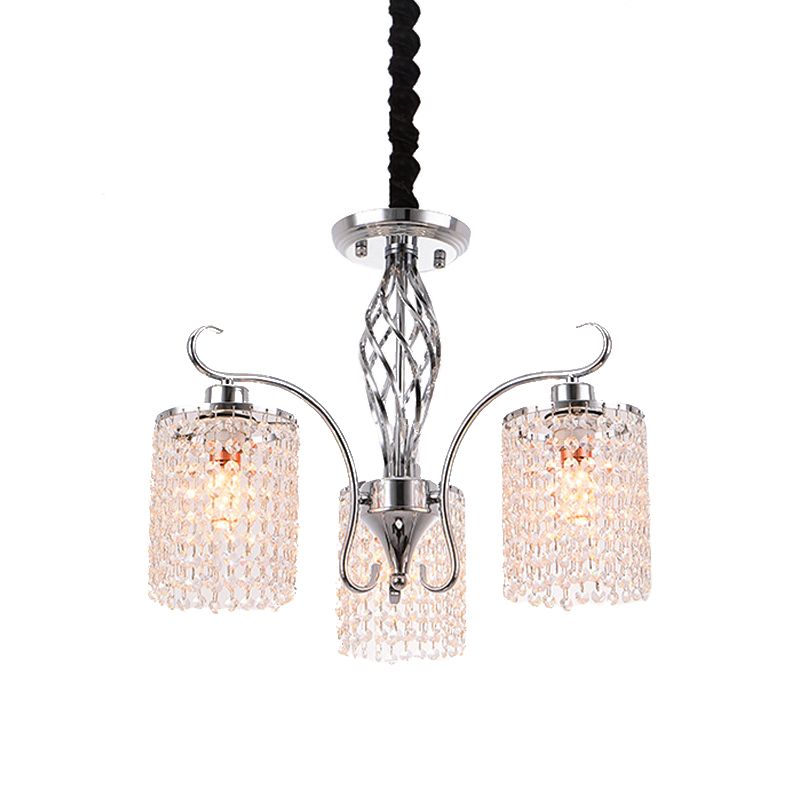 Chrome 3/5-Head Hanging Pendant Light Modern Crystal Strand Cylindrical Chandelier Lamp