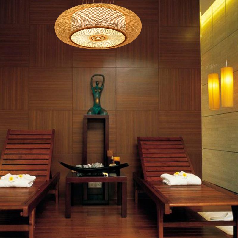 Curved Drum Pendant Lighting Tradition Bamboo 2/3 Bulbs 18"/23.5" Wide Wood Ceiling Hanging Light