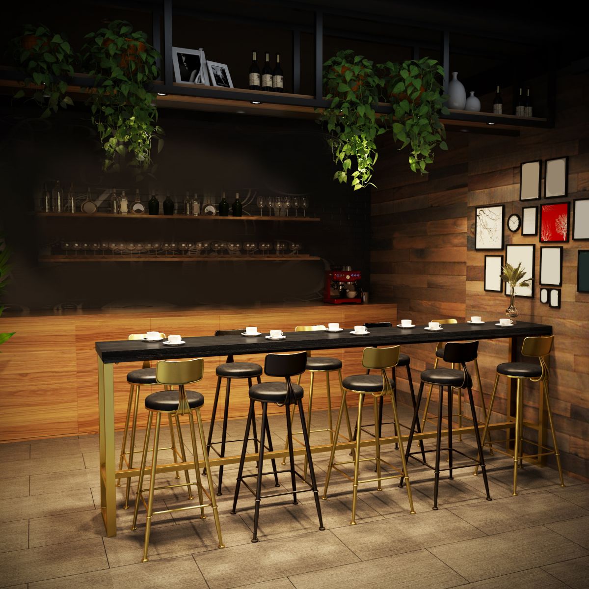 Industrial Bistro Bar Table Rectangle Solid Wood Bar Table with Gold Frame