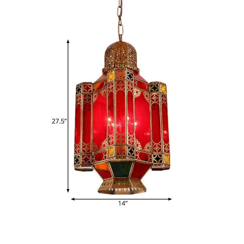 Traditionelle Laterne -Hanglampe 4 Lichter rotes Glas Kronleuchter Beleuchtung in Messing für das Restaurant