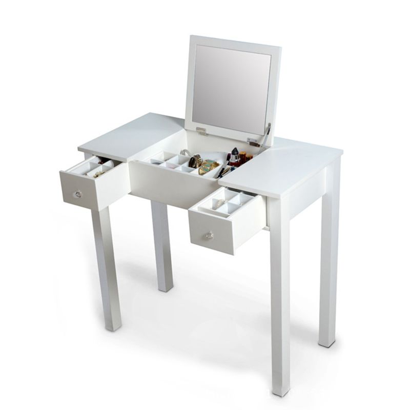 Flip Single Mirror Vanity Desk Double Drawers Straight Feet Dresser in White