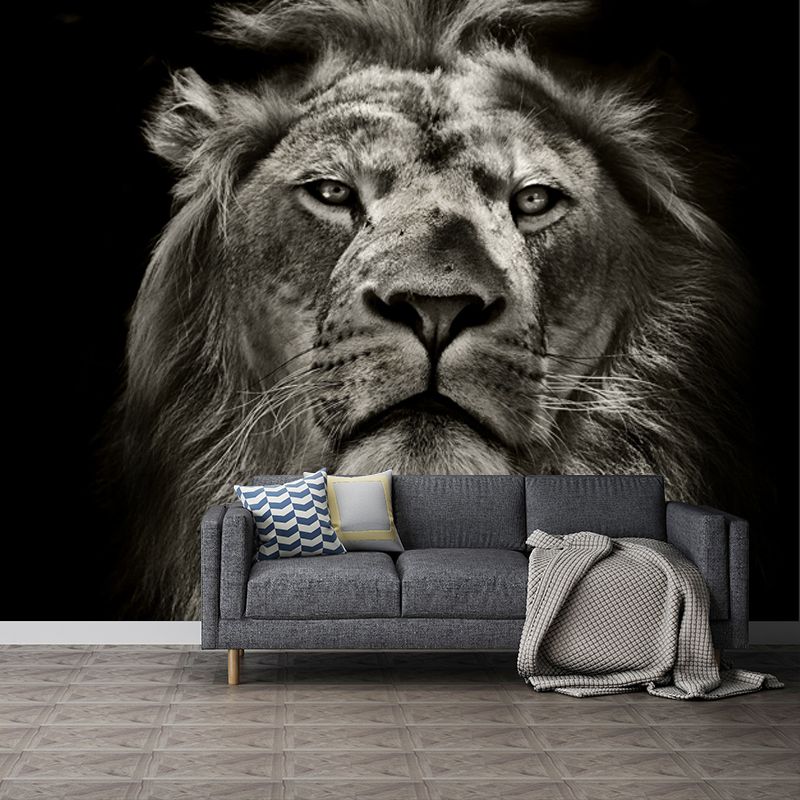Full-Size Lion Face Mural Decal in Black Non-Woven Material Wall Covering, Washable, Custom Size