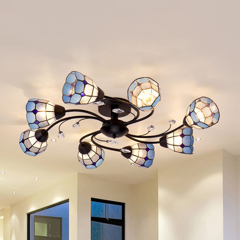 Tiffany Semi-encastré avec bras tourbillonnant et abat-jour en forme de dôme, plafonnier en verre artistique à 8 lumières, Orange/bleu, pour le salon