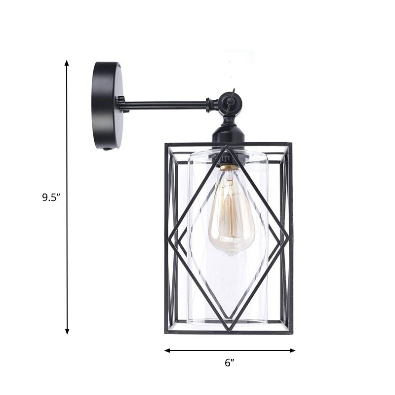 Black Caged Wall Lamp Industrial 1 Head Metal Wall Lighting with Inner Cylinder Clear Glass Shade, Direct Wired Electric/Plug In Electric