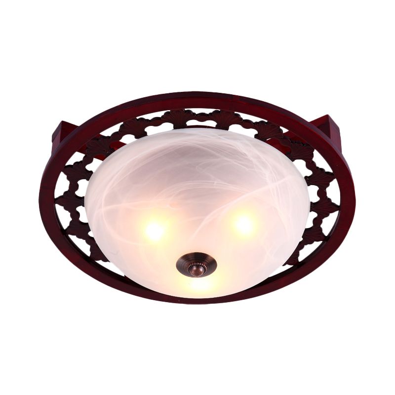 3-Light Frosted Glass Flush Mount Lighting Rustic Brown Domed Bedroom Close to Ceiling Lamp with Round Wood Design