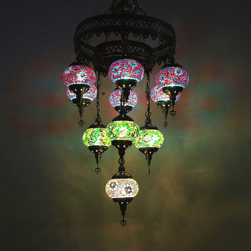 10 Heads Oval Hanging Light Fixture Traditional Red/Pink/Yellow Multicolored Stained Glass Chandelier Lamp