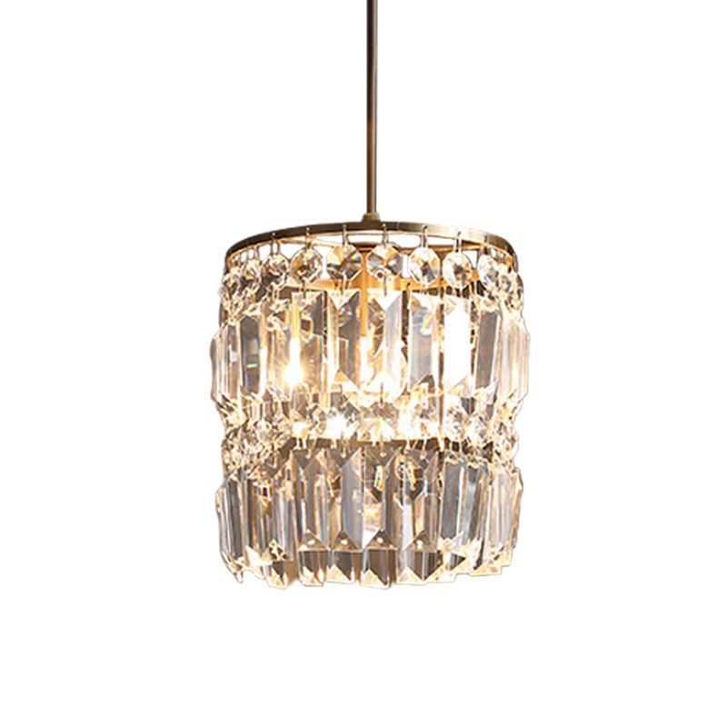 Crystal Cylindrical Pendant Light Fixture Modernist 1-Head Ceiling Suspension Lamp in Brass